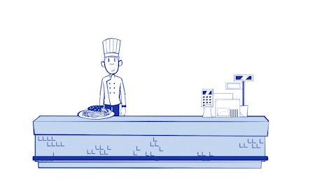 Simple blue line illustration of a sink or countertop with a faucet on one side and a soap dispenser on the other.
