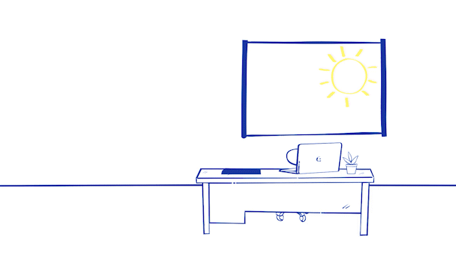 Simple blue line illustration of a desk with a computer and laptop, positioned beneath a window showing the sun.
