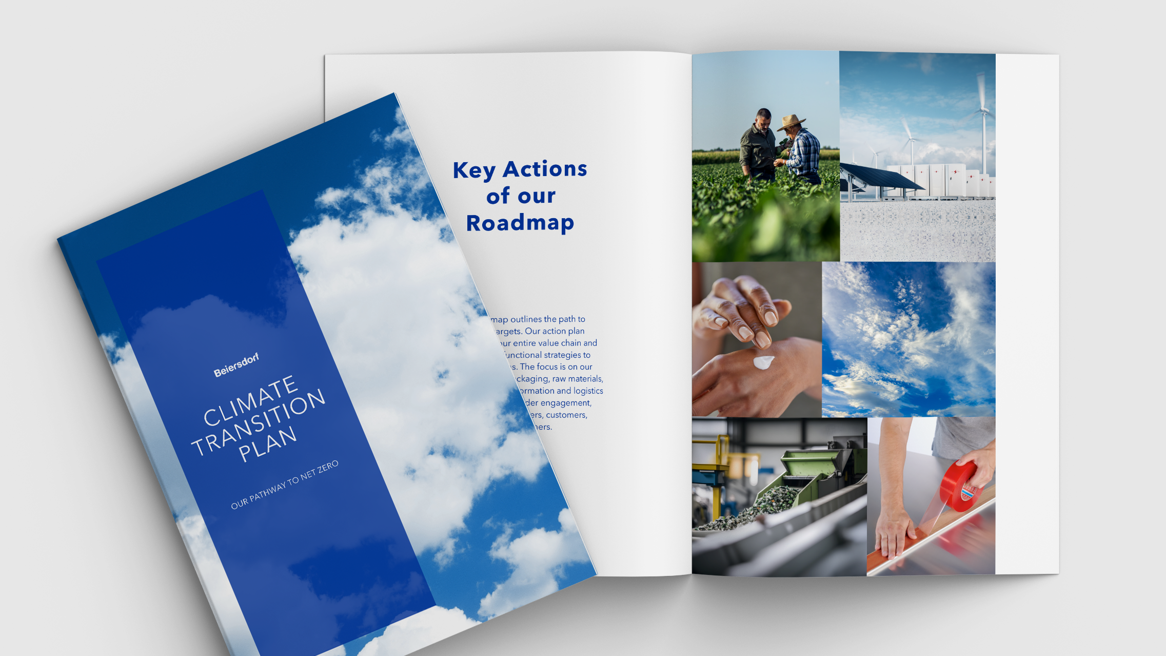 Open book with the title climate transition plan on grey background.